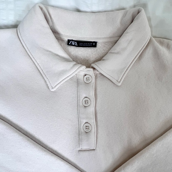 ZARA Quarter Button Up Polo Fleece Sweater Cream Size: Large - Picture 2 of 5